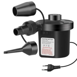 Jsdoin elektrische Luftpumpe für Luftmatratzen, Boote und Pools mit 3 Düsensätzen, 2-in-1 Aufblas- und Entleerungsfunktion, kompakte und tragbare Bauweise.