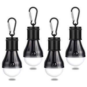 Vier tragbare, wasserdichte Campinglampen mit Karabinerhaken in mattschwarz und transparent, ideal für Outdoor-Aktivitäten wie Camping, Wandern und Angeln.