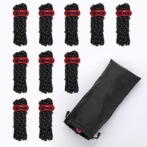 Set von 10 schwarzen reflektierenden Abspannseilen mit Aluminium-Spanner für Outdoor-Aktivitäten, ideal zum Abspannen von Zelten und Sonnensegeln.