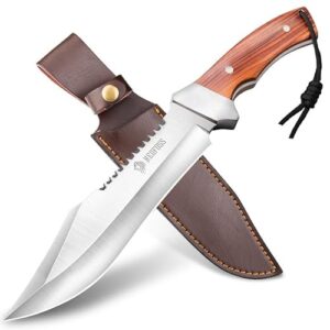 NedFoss JUNGLE-KING Jagdmesser mit 33 cm Klingelänge, ergonomischem Holzgriff und stabiler Lederscheide für Outdoor-Abenteuer und Jagdausflüge.