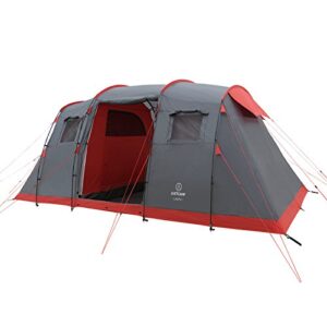 JUSTCAMP Lake 4 Campingzelt für 4 Personen, geräumiges und stabiles Familienzelt in Grau und Rot, mit hohen Kuppel, zwei Schlafkabinen und Vorraum, ideal für Camping und Outdoor-Abenteuer.