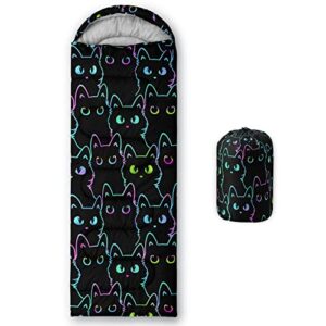Bunter Kaltwetter-Mumienschlafsack für Erwachsene mit stylisierter Katzenmusterung in verschiedenen Neonfarben, ideal für Camping und Outdoor-Aktivitäten.