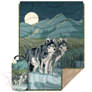 KawaGebo ultraleichte Campingdecke mit Wolfsmotiv, 145x200cm, wasserabweisend, ideal für Camping und Outdoor-Aktivitäten