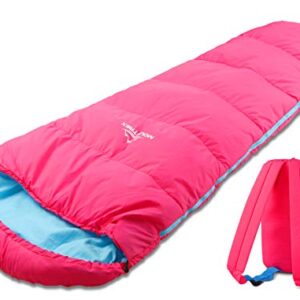 Mumienschlafsack für Kinder in kräftigem Rosa, tragbar wie ein Rucksack, ideal für Camping und Outdoor-Aktivitäten, innen aus 100% Baumwolle, leicht und kompakt.