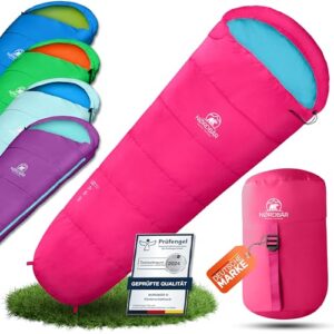 NORDBÄR® Kinderschlafsack für Kinder in pink, geeignet für Abenteuer im Freien, mit hochwertigem Innenfutter aus 100% Baumwolle und ergonomischem Design für optimalen Komfort und Wärme.