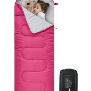 Leichter Kinderschlafsack in kräftigem Pink mit einem schlafenden Mädchen und Teddybären, ideal für Outdoor-Aktivitäten, Camping und Wandern, 165x70cm.