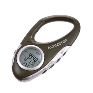 Kirdume Höhenmesser mit digitalem Display, integriertem Karabinerhaken und multifunktionalen Funktionen wie Höhenmessung, Thermometer und Uhr, ideal für Outdoor-Aktivitäten.