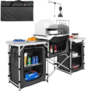 VEVOR Camping-Küchentisch, klappbarer Outdoor-Kochtisch mit Aluminiumstruktur, Stauraum und Windschutz für Grillen und Picknicks im Freien.