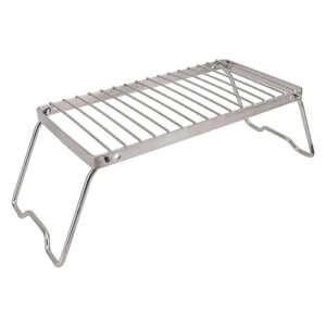 Klappbarer Campingrost aus Edelstahl mit einstellbarer Höhe für Grillen im Freien, ideal für Camping und Lagerfeuer.
