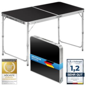 Schwarzer klappbarer Multifunktionstisch 120 x 60 cm auf heller Unterlage, ideal für Camping, Festivals und Gartenpartys.