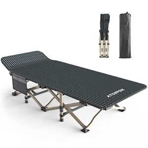 Klappbares Campingbett in Schwarz für Outdoor-Aktivitäten, mit stabilen Metallgestell und Seitentasche für praktischen Stauraum.