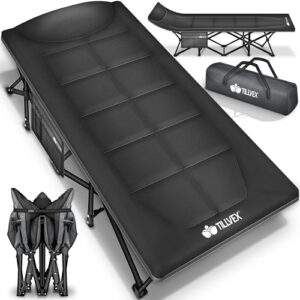 Klappbares Campingbett mit Tragetasche für bis zu 200 kg, geeignet für Outdoor und Indoor, mit gepolsterter Liegefläche und stabiler Stahlkonstruktion.