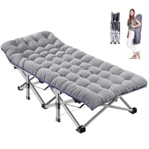 MOPHOTO klappbares Campingbett mit grauem Polster, robustem Rahmen und tragbarer Tasche, ideal für Camping und Outdoor-Aktivitäten.