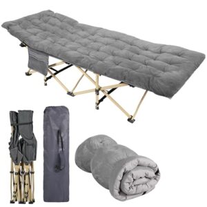 Klappbares Campingbett in grau mit gepolsterter Matratzenauflage, ideal für Camping, Outdoor Aktivitäten und Homeoffice im Freien, inklusive Tragetasche.