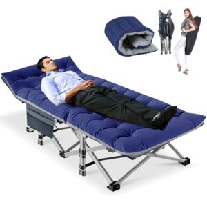 Obqer klappbares Campingbett mit blauer Matratze, stabil mit seitlichen Ablagen, ideal für Camping, Garten oder Gäste. Wohnzimmer und Outdoor.
