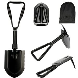 Vielseitiger Klappspaten aus hochfestem Kohlenstoffstahl, geeignet für Outdoor-Aktivitäten wie Camping und Wandern, mit zusammenklappbarem Design und Tragetasche.