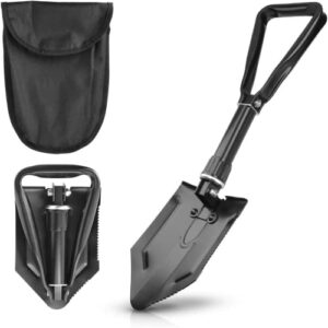 Leichter, zusammenklappbarer Klappspaten aus Metall mit ergonomischem Design, ideal für Camping und Outdoor-Aktivitäten, in schwarzer Tragetasche.