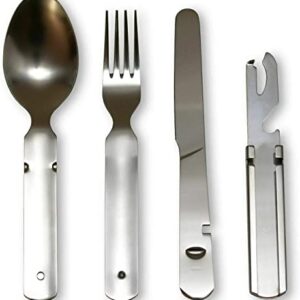Klassisches Bundeswehr Edelstahl Besteck Set, bestehend aus Löffel, Gabel, Messer und Multifunktionswerkzeug, ideal für Camping und Outdoor-Aktivitäten.
