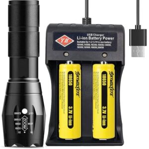 VISVIC kompakte LED Taschenlampe mit 5 Modi und zwei 18650 Lithium-Ionen-Batterien, wasserdicht und robust, ideal für Outdoor-Aktivitäten und Notfälle.