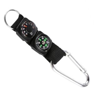 Multifunktionaler Kompass Schlüsselanhänger mit Thermometer und Karabiner, ideal für Outdoor-Aktivitäten wie Wandern und Camping, präsentiert auf einem stabilen Nylonband.