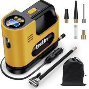 Kompakte 12 V DC digitale Autoreifenpumpe mit LED-Licht, ideal zum Aufpumpen von Auto-, E-Bike- und Motorradreifen, sowie Bällen. Ergonomisches Design und digitales Display für präzise Druckmessung.