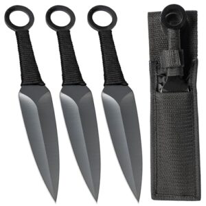 Drei hochwertige Wurfmesser aus Edelstahl im Kunai-Design mit einer Länge von 22,6 cm, ideal für Wurftraining und Outdoor-Aktivitäten, inklusive Halterung.