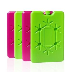 Set aus 4 wiederverwendbaren Kühlakkus in Rosa und Grün, ideal für Kühltaschen und Lebensmittelkonservierung.
