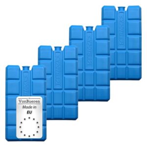 Vier blaue Kühlakkus für Kühltaschen, die kompaktes Design und optimale Kühlung bis zu 12 Stunden bieten. Ideal für Picknicks und Reisen.