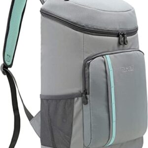 Grauer Kühlrucksack mit einem Volumen von 28 Litern und integriertem Flaschenöffner, ideal für Outdoor-Aktivitäten wie Picknicks, Camping und Strandbesuche.
