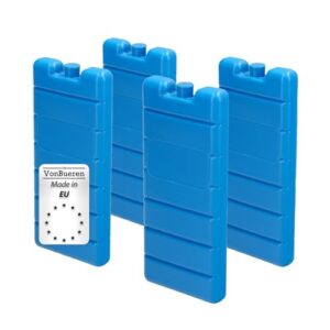Vier blaue Kühlakkus in rechteckiger Form, ideal für Kühlboxen oder Kühltaschen, mit einer effektiven Kühlzeit von bis zu 12 Stunden und Auslaufschutz.