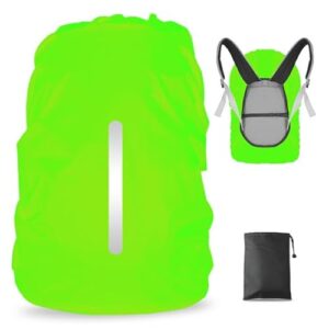 Leuchtend grüner Regenschutz für Rucksack mit reflektierenden Streifen und verstellbarer Schnalle, ideal für Outdoor Aktivitäten und schlechtes Wetter.