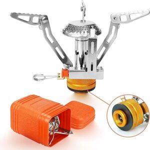 Kompakter Mini Campingkocher mit Piezozündung für Outdoor-Aktivitäten, ideal für Camping, Wandern und Trekking.