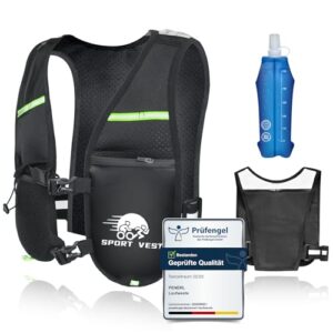 Leichte und atmungsaktive Laufweste für Herren in Schwarz mit reflektierenden Streifen, ausgestattet mit einer ergonomischen 500ml Trinkflasche, ideal für Laufen, Radfahren und Wandern.