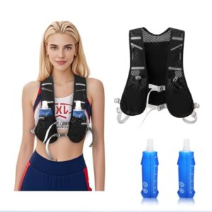 Sportliche Laufweste für Damen und Herren in Schwarz mit zwei blauen Wasserflaschen für Laufen, Radfahren und Outdoor-Aktivitäten