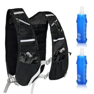 Reflektierender Trinkrucksack für Damen und Herren, ideal für Outdoor Aktivitäten wie Laufen und Wandern, mit verstellbaren Brustgurten und zwei 500 ml Soft Wasserflaschen.