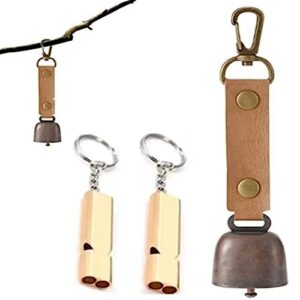 Set von lauten Bärenglocken und Notfallpfeifen aus massivem Messing, ideal für Outdoor-Aktivitäten wie Wandern, Radfahren und Angeln.