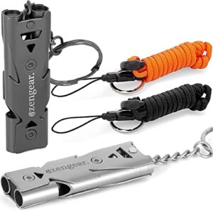 Zwei laute Pfeifen aus Edelstahl mit Paracord-Schnur und Schlüsselanhänger, ideal für Notfälle und Outdoor-Aktivitäten.