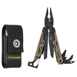 Hochwertiges Leatherman Signal Multi-Tool in Braun Coyote mit 19 Werkzeugen, ideal für Outdoor-Aktivitäten und Camping, zusammen mit einer praktischen Tasche.