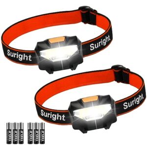 Set aus zwei LED Stirnlampen mit einstellbarem Winkel, drei Lichtmodi und wasserdichtem Design, ideal für Aktivitäten im Freien wie Laufen, Angeln und Campen.
