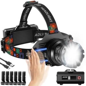 Wiederaufladbare LED-Stirnlampe mit 100000 Lumen, Bewegungssensor, fünf Lichtmodi und IPX7 wasserdicht für Camping, Angeln und Outdoor-Aktivitäten.