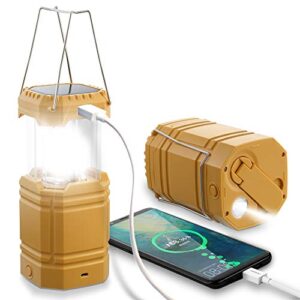 Gelbe LED Campinglampe Solar mit Handkurbel und USB-Anschluss, wasserdicht und tragbar, ideal für Camping und Outdoor-Aktivitäten.