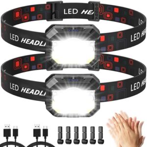 Zwei wiederaufladbare LED-Stirnlampen auf einem schwarzen elastischen Band, ausgestattet mit fortschrittlicher Sensorsteuerung und 18 Lichtmodi, ideal für Outdoor-Aktivitäten.