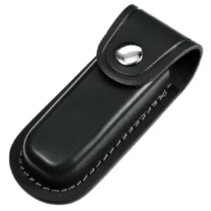 Praktische schwarze Messertasche aus hochwertigem Leder mit Druckknopfverschluss und Gürtelschlaufe, ideal für Klappmesser und Werkzeuge.