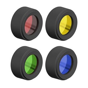 Ledlenser Color Filter Set mit vier runden Glasfiltern in verschiedenen Farben (rot, gelb, grün, blau) für Taschenlampen mit einem Durchmesser von 35,1mm, in einem stabilen schwarzen Gehäuse.