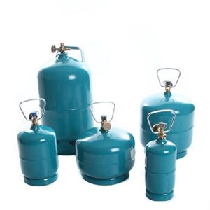 Verschiedene befüllbare Gasflaschen in türkis mit Ventilen, ideal für Camping und Grillen, in Größen von 0,5 kg bis 5 kg.