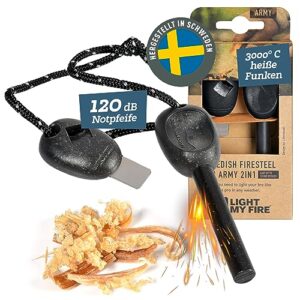 LIGHT MY FIRE Feuerstahl Outdoor Army mit Notfallpfeife, Zunder und robustem Kunststoffgriff, perfekt für Camping und Survival-Einsätze.