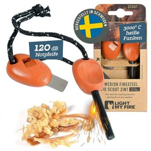 LIGHT MY FIRE Feuerstahl Outdoor Scout 2-in-1 mit Notfallpfeife, robustem Griff und ferrocerium Stab für Outdoor- und Survival-Einsatz.