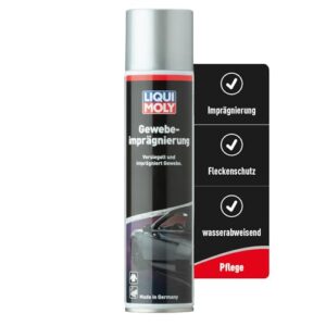 LIQUI MOLY Imprägnierspray Gewebeimprägnierung in einer schlanken Sprühdose mit Informationen zu Nässe- und Fleckenschutz für textile Ausstattungen.