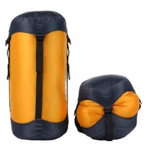 Litume Kompressionssack in orange und blau, ideal für Camping und Outdoor-Aktivitäten, gefertigt aus strapazierfähigem und wasserabweisendem Material.