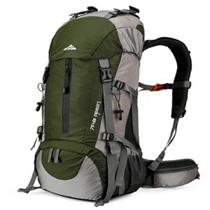 Loowoko Wanderrucksack 50L in grün und grau, ideal für Outdoor-Aktivitäten wie Wandern und Trekking, mit robustem Design und ergonomischen Schultergurten.